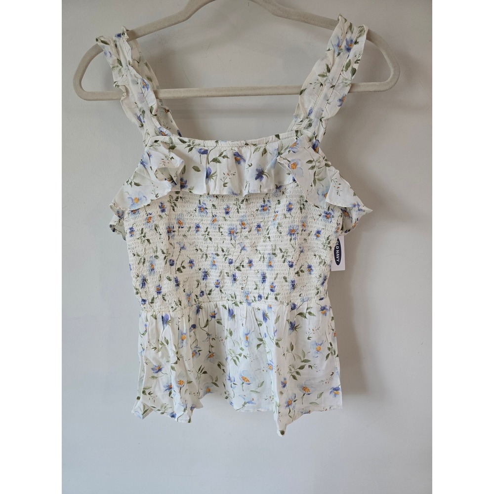 Old Navy Womens Small Floral Smocked Peplum Top Ruffle Strap White Blue